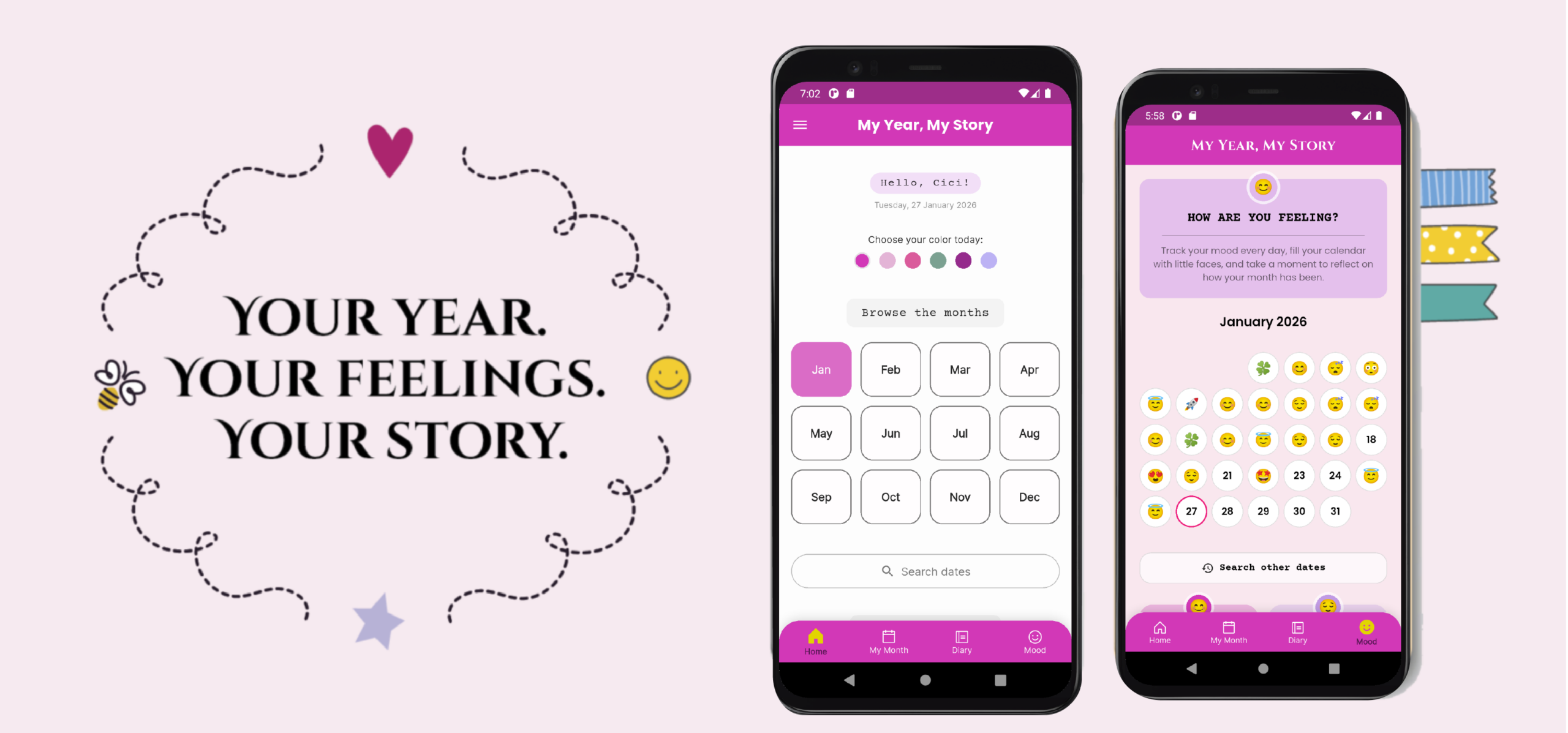 Digital journal app for teens showing mood tracking and monthly reflections
